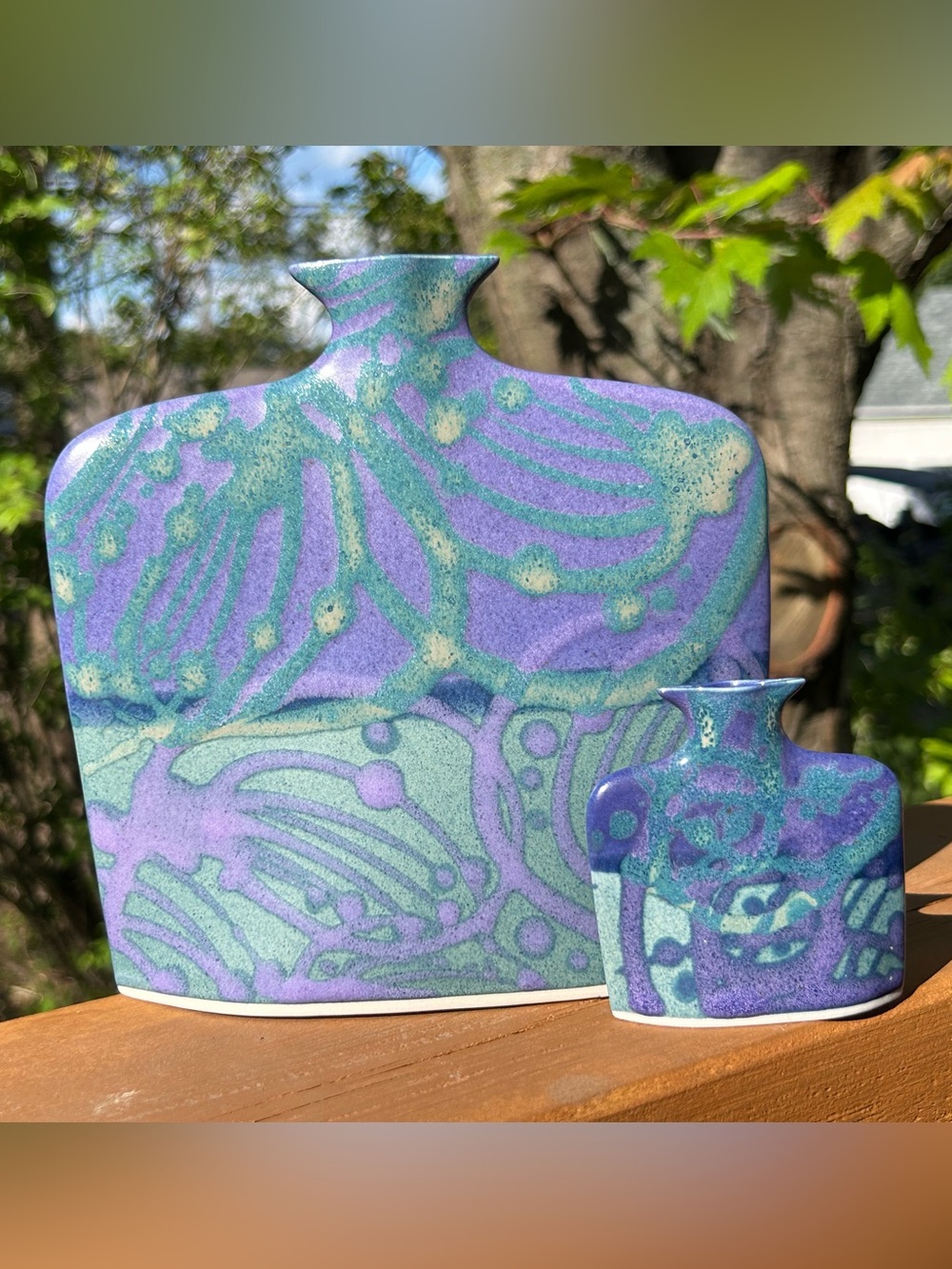 Vintage Vases Handcrafted Purple & Teal Pottery Earth and Sky Signed Bloom Lot 2